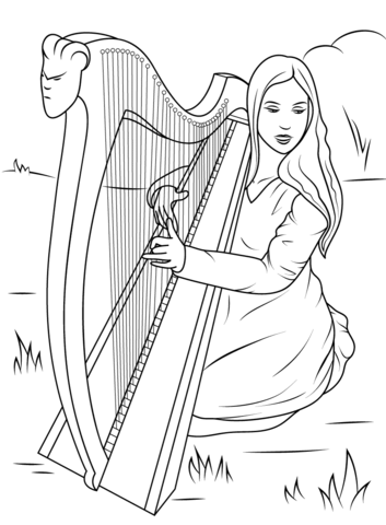 Girl Playing Celtic Harp Coloring Page